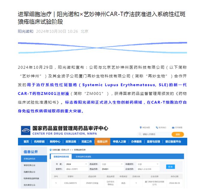 阳光诺和和艺妙神州CAR-T疗法获准进入系统性红斑狼疮临床试验阶段