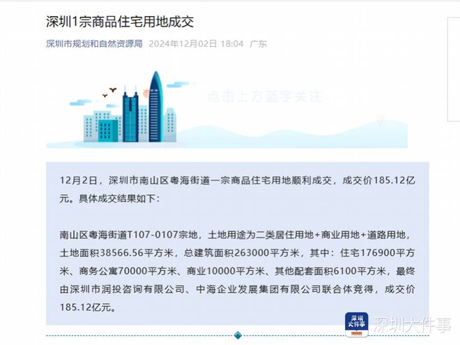 185.12亿元！央企抢地，刷新深圳宅地成交总价最高纪录